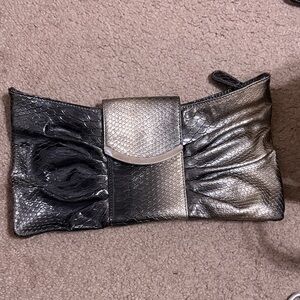 Express Black & Silver Faux-Snakeskin Foldover Wristlet Clutch